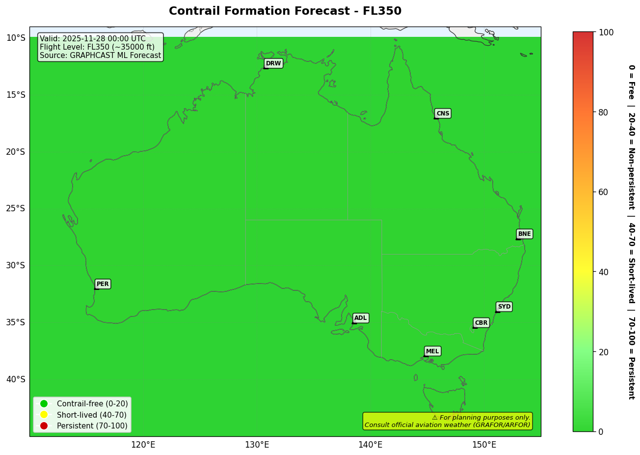 Contrail forecast for FL350 at 2025-11-28 00:00 UTC