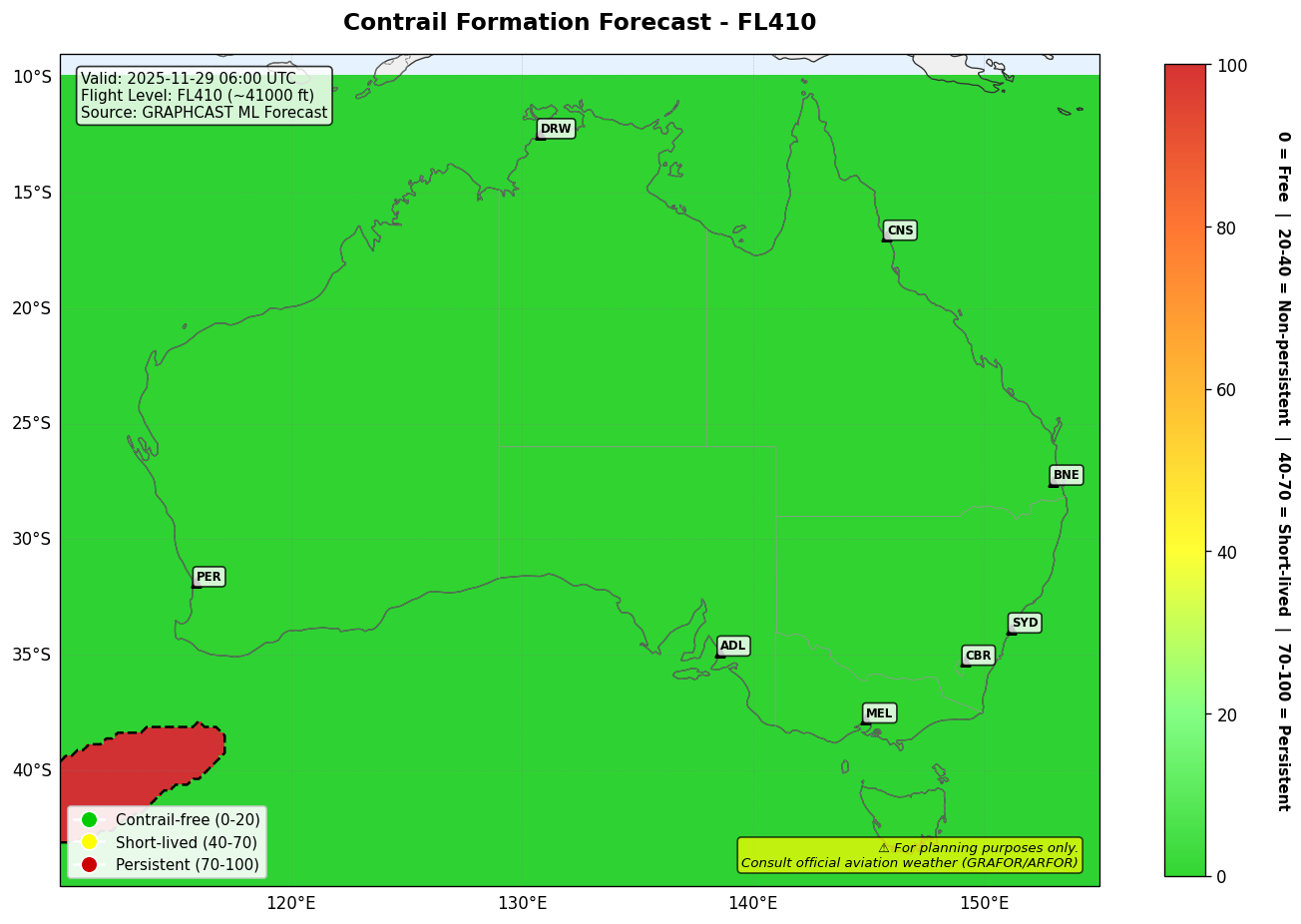 Contrail forecast for FL410 at 2025-11-29 06:00 UTC