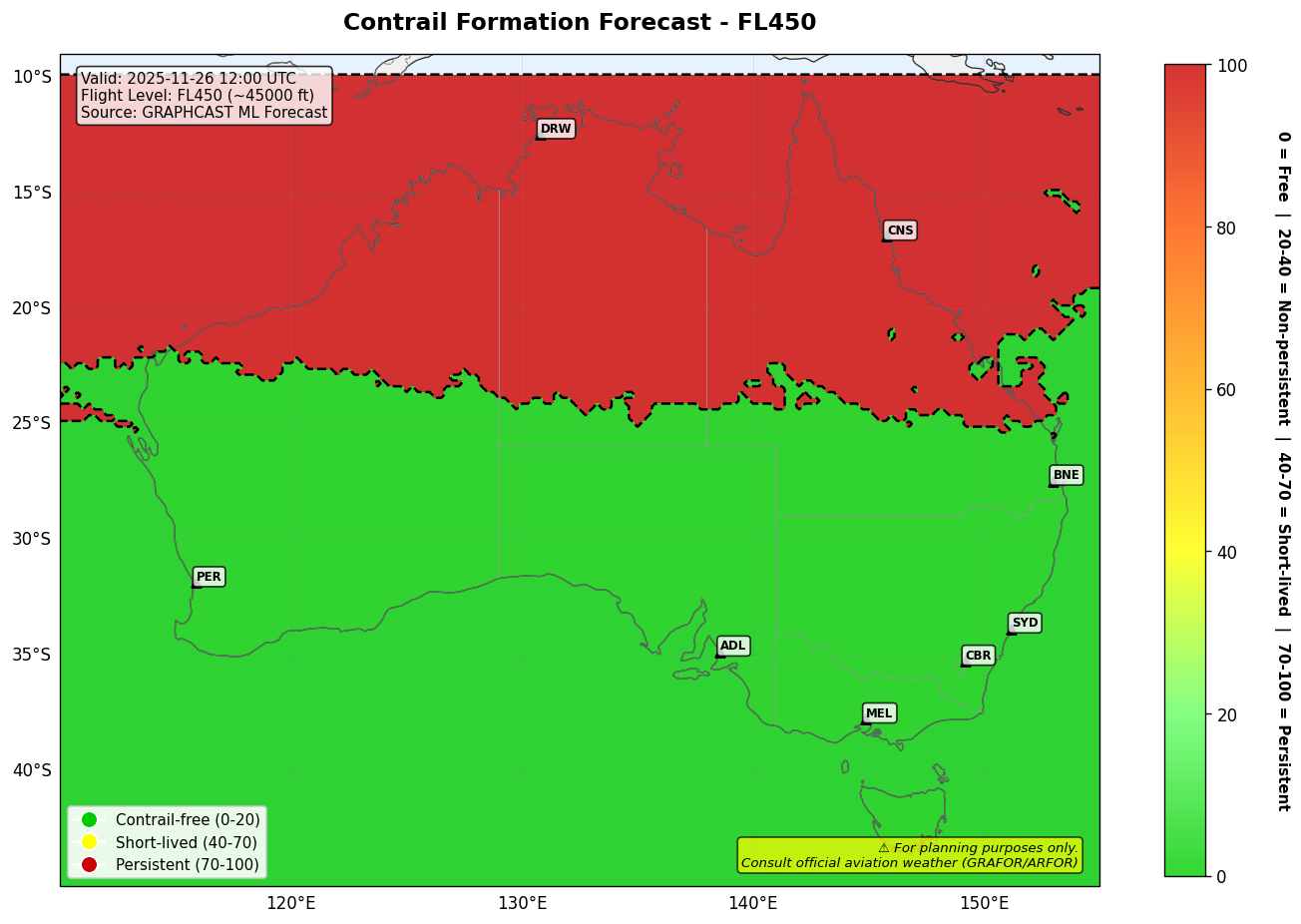 Contrail forecast for FL450 at 2025-11-26 12:00 UTC