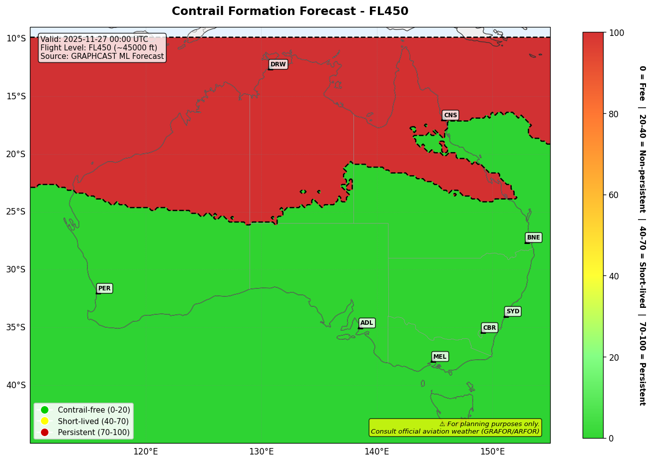 Contrail forecast for FL450 at 2025-11-27 00:00 UTC
