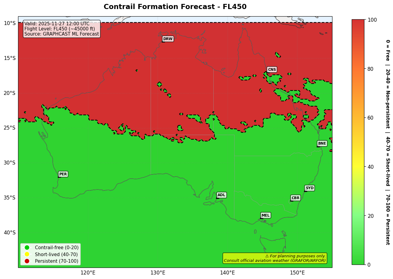 Contrail forecast for FL450 at 2025-11-27 12:00 UTC