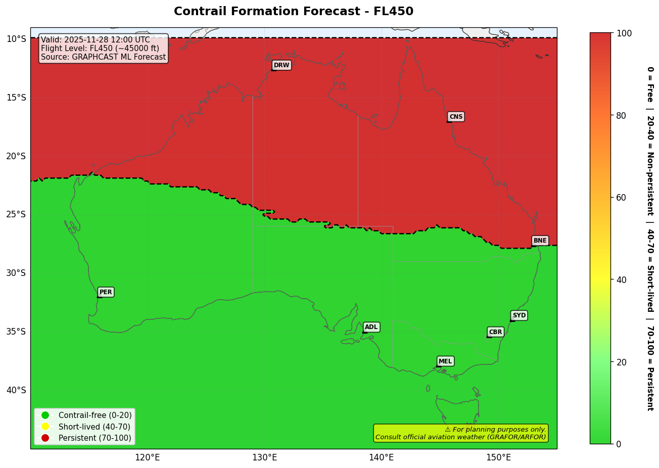 Contrail forecast for FL450 at 2025-11-28 12:00 UTC