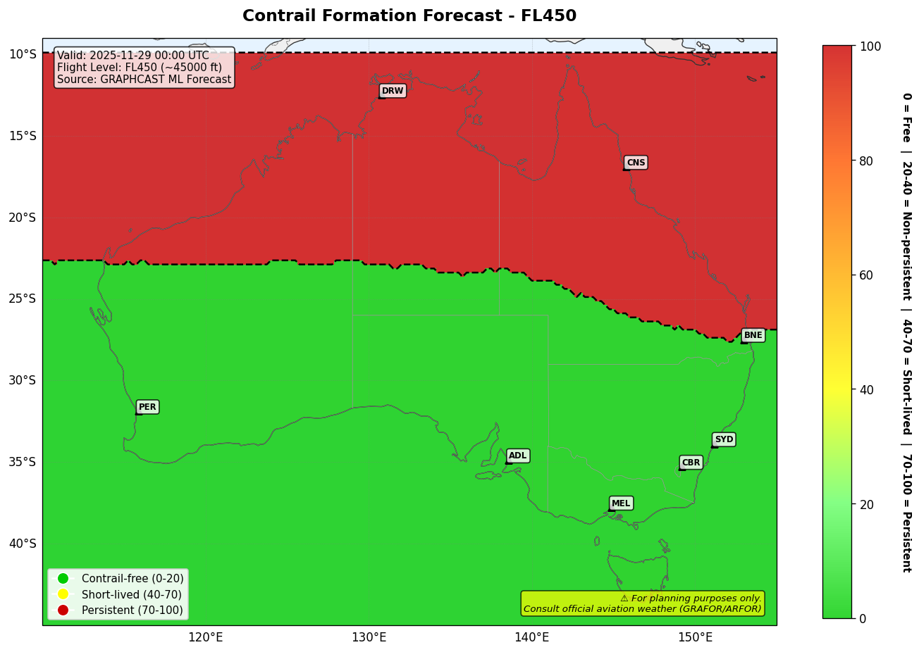 Contrail forecast for FL450 at 2025-11-29 00:00 UTC